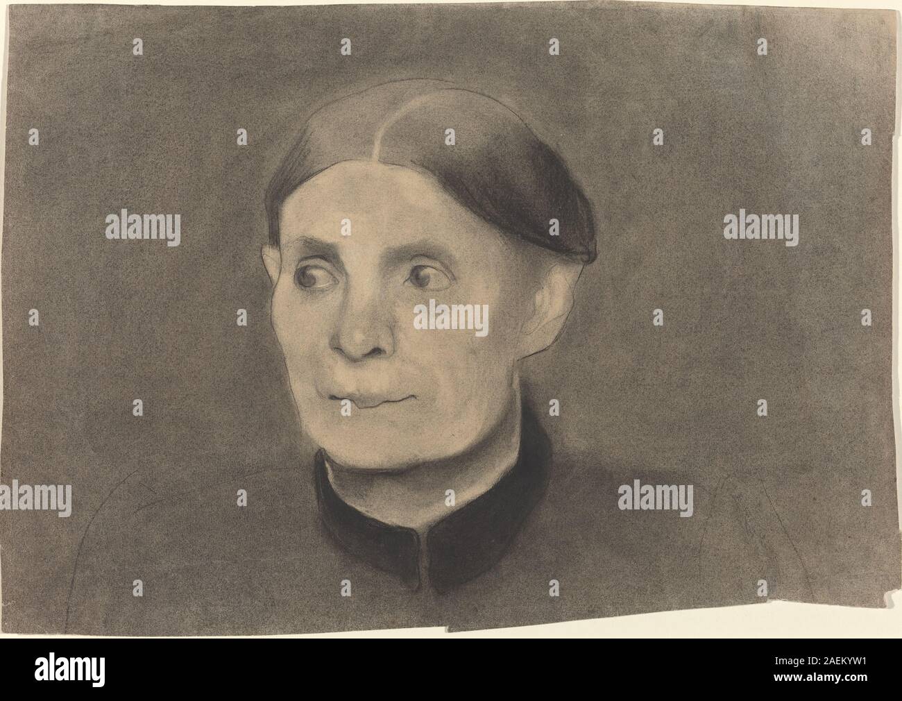 Questo ritratto del 1898 di Paula Modersohn-Becker raffigura una donna che utilizza carbone e grafite su carta tessuta, evidenziando caratteristiche del viso, acconciatura, abbigliamento e il primo stile espressionista tedesco. Foto Stock