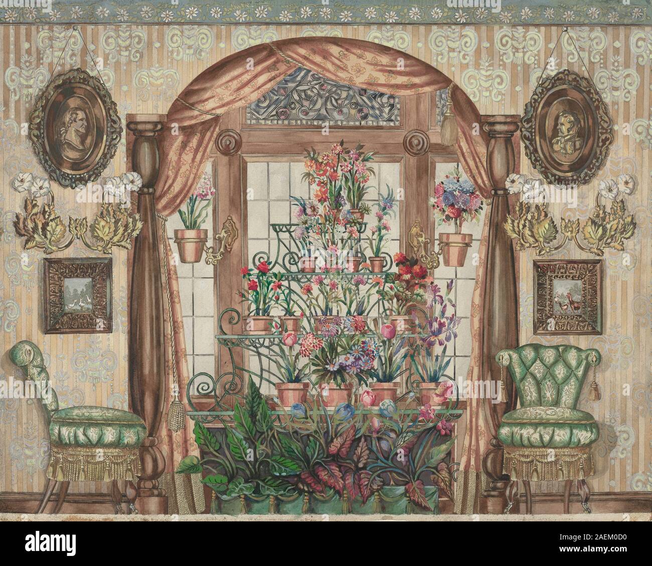 Questo dipinto del 1935-1942 di Perkins Harnly raffigura una finestra di serra con fiori, che mostra cornici architettoniche, vetri, composizioni floreali, luce, dettagli interni e ambiente domestico americano della metà del XX secolo. Foto Stock