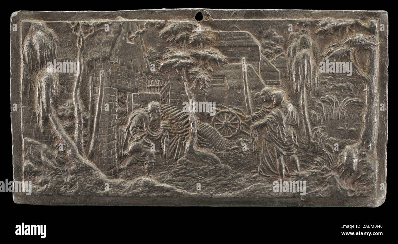 Rilievo o incisione di Peter Flötner, c. 1525-1535, raffigurante Abramo che accoglie tre angeli, mostra figure, gesti, abbigliamento, elementi architettonici, e composizione. Foto Stock