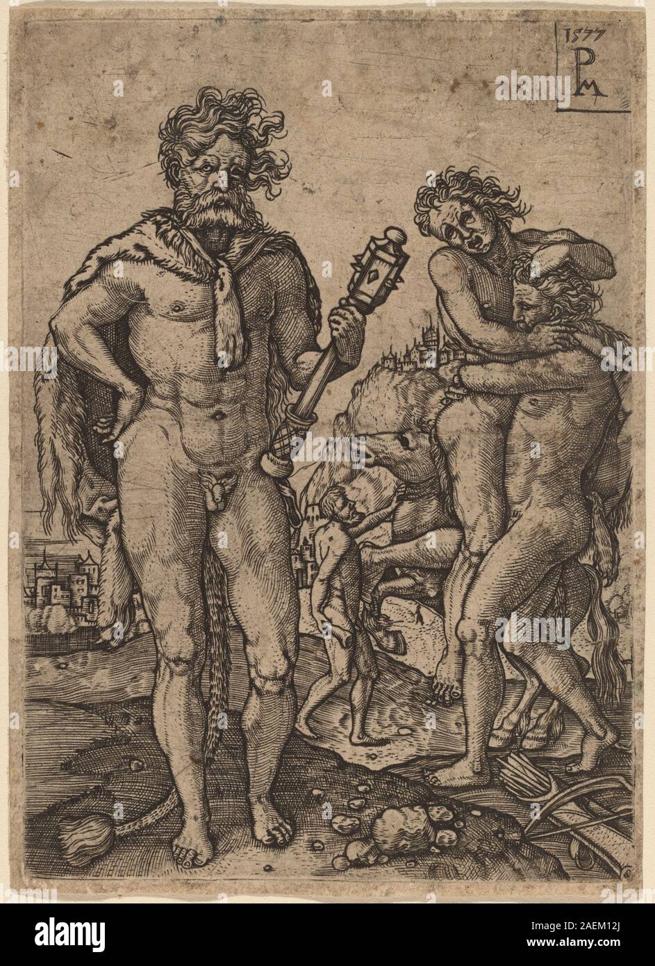 Incisione "Ercole e Antaeo" di Peter Maes dopo Heinrich Aldegrever, 1577, raffigurante il combattimento mitologico tra Ercole e Antaeo con dettagliata anatomia umana e posa dinamica. Foto Stock