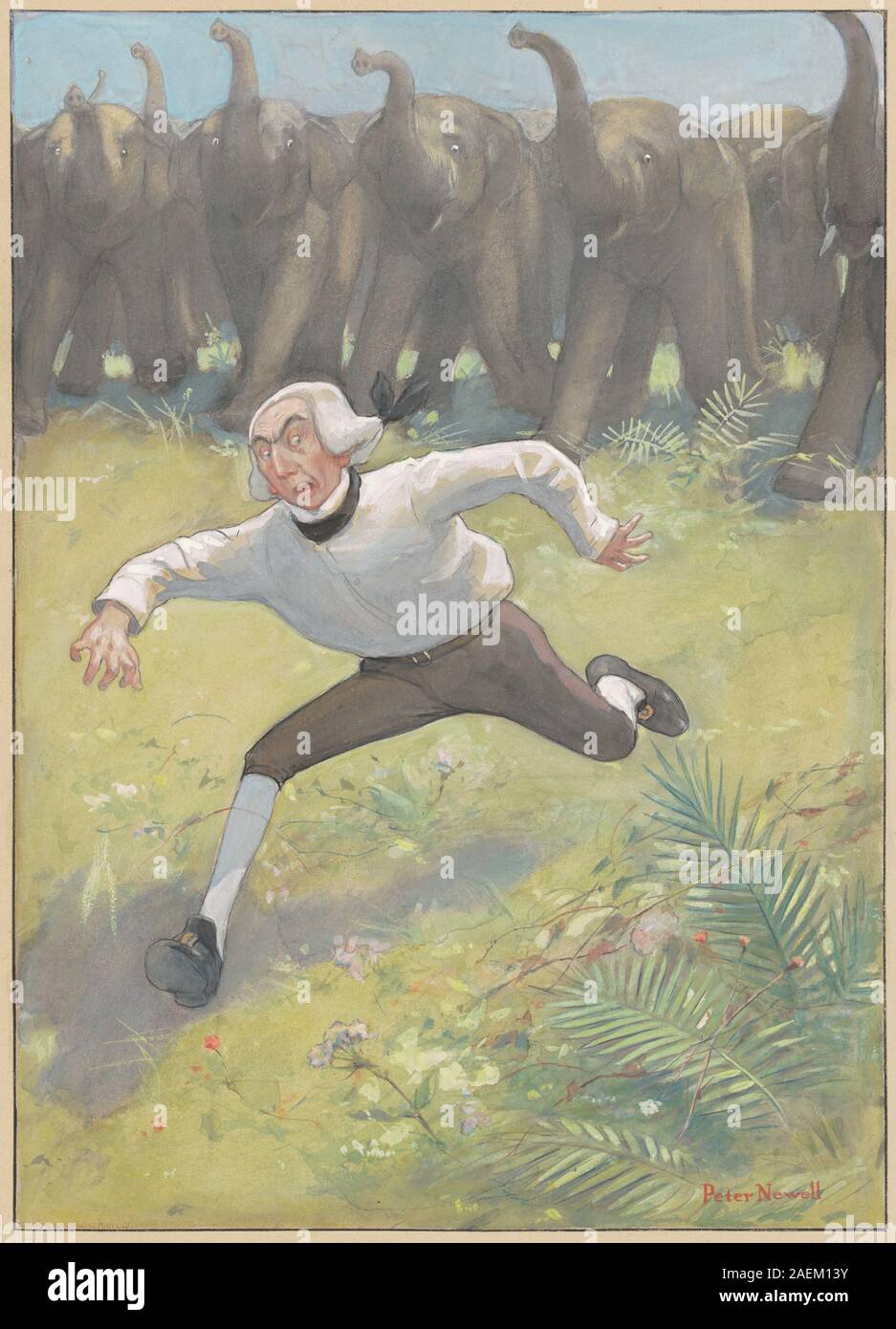 Peter Newell, uomo correre da elefanti, 1901 uomo che corre da elefanti; 1901data Foto Stock