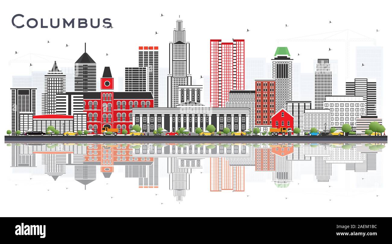 Columbus Ohio Skyline con edifici grigi e riflessioni isolato su bianco. Illustrazione Vettoriale. Viaggi di affari e turismo Concept. Illustrazione Vettoriale