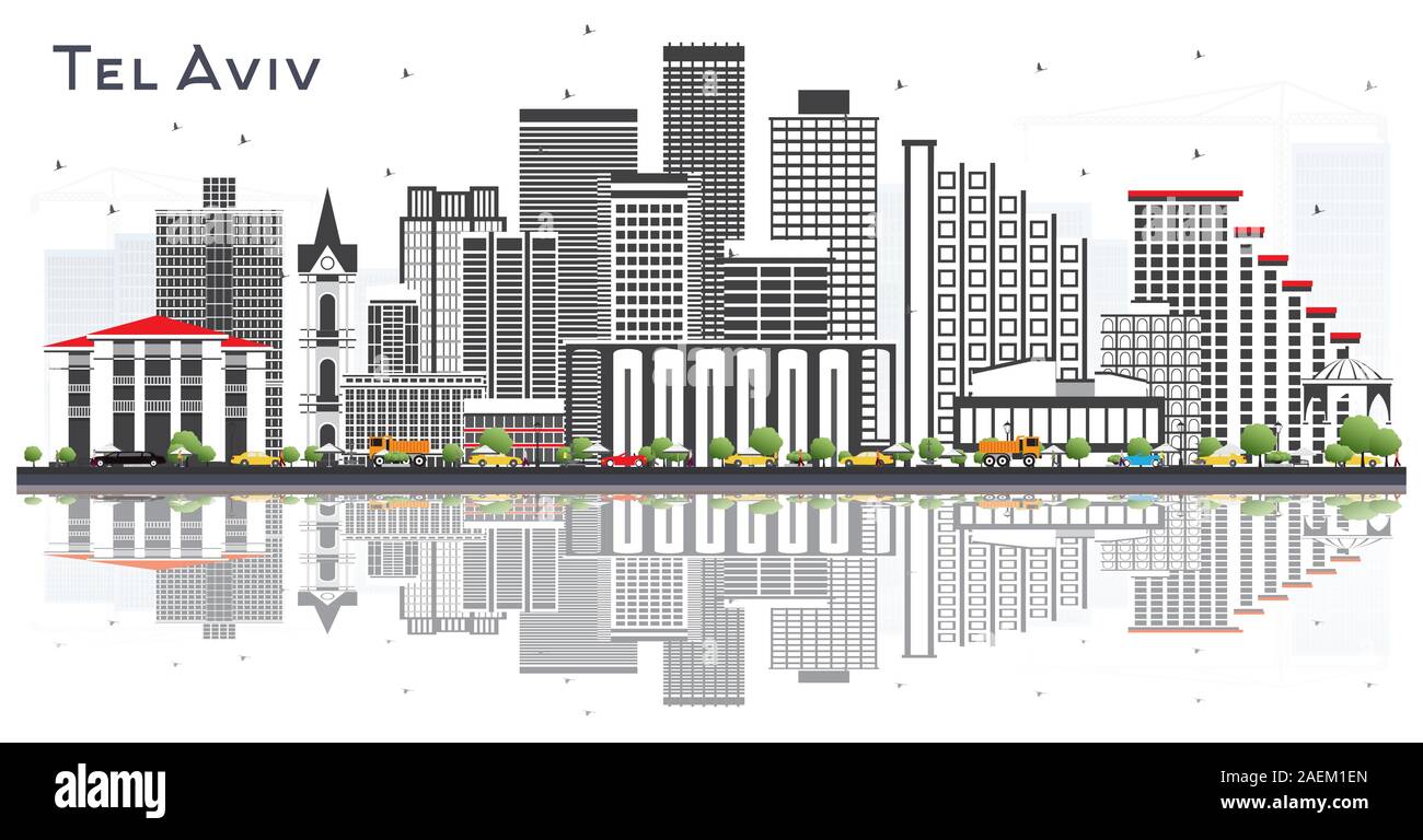 Tel Aviv Israele skyline della città con edifici grigi e riflessioni isolato su bianco. Illustrazione Vettoriale. Viaggi di affari e turismo Concept. Illustrazione Vettoriale