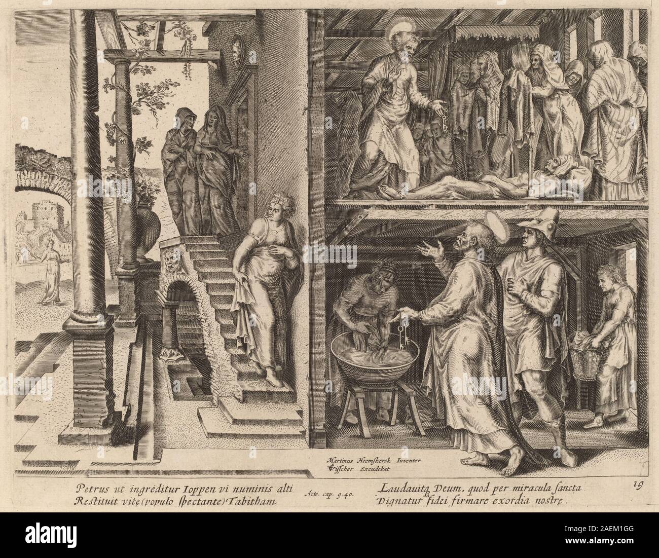 Philip Galle dopo Maerten van Heemskerck, la resurrezione di Tabita il sollevamento di Tabitha Foto Stock