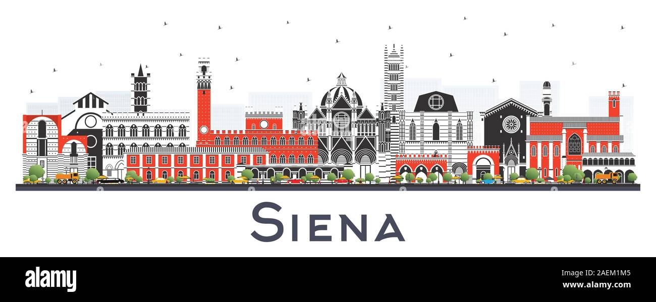 Siena Toscana Italia skyline della città con edifici di colore isolato su bianco. Illustrazione Vettoriale. Viaggi di lavoro e di concetto con architettura storica. Illustrazione Vettoriale