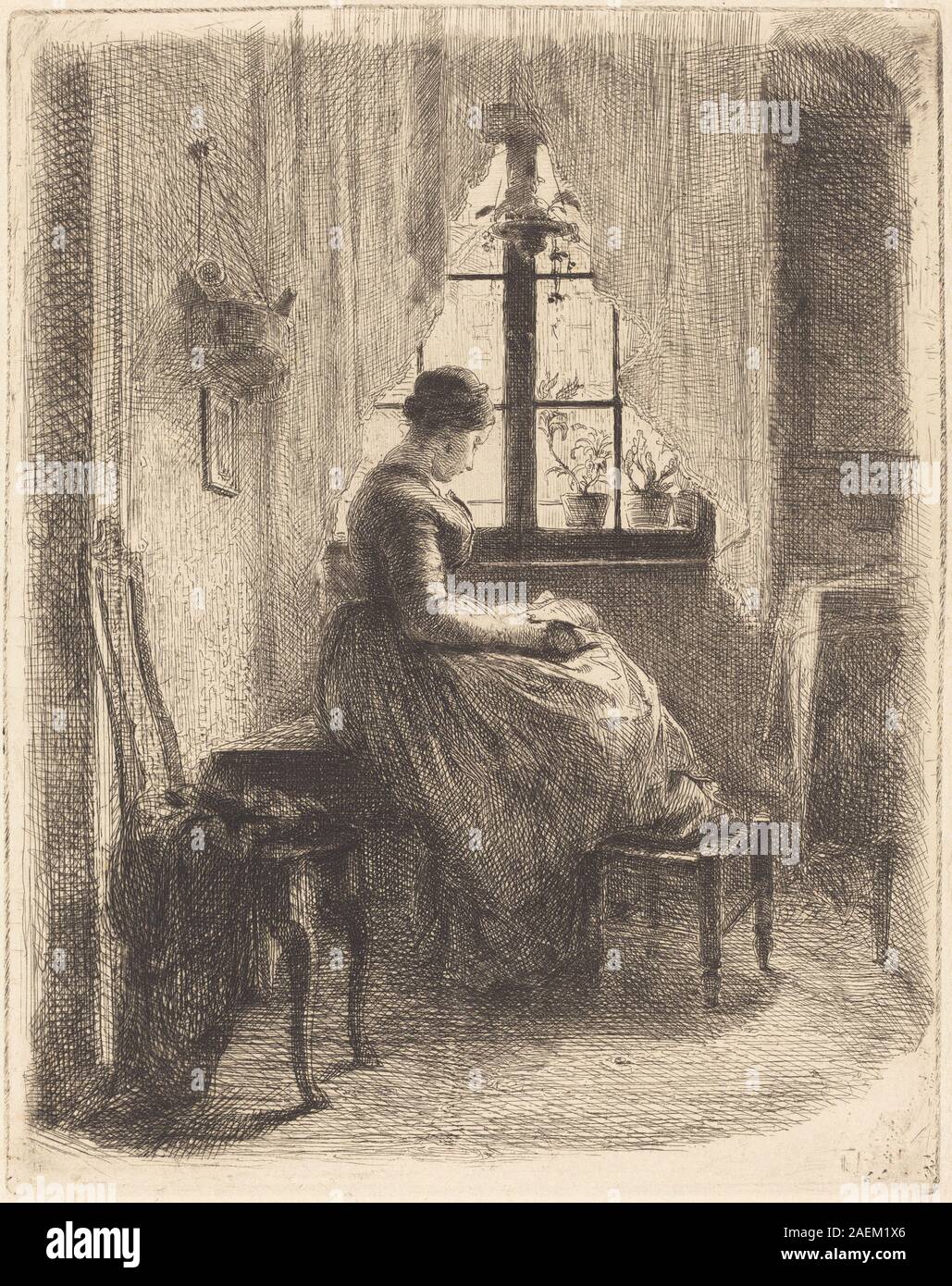 Dipinto "giovane donna che legge da una finestra" di Philipp Rumpf, intorno al 1855, raffigurante una giovane donna seduta che legge un libro accanto a una finestra con luce naturale, enfatizzando postura, abbigliamento e dettagli interni. Foto Stock