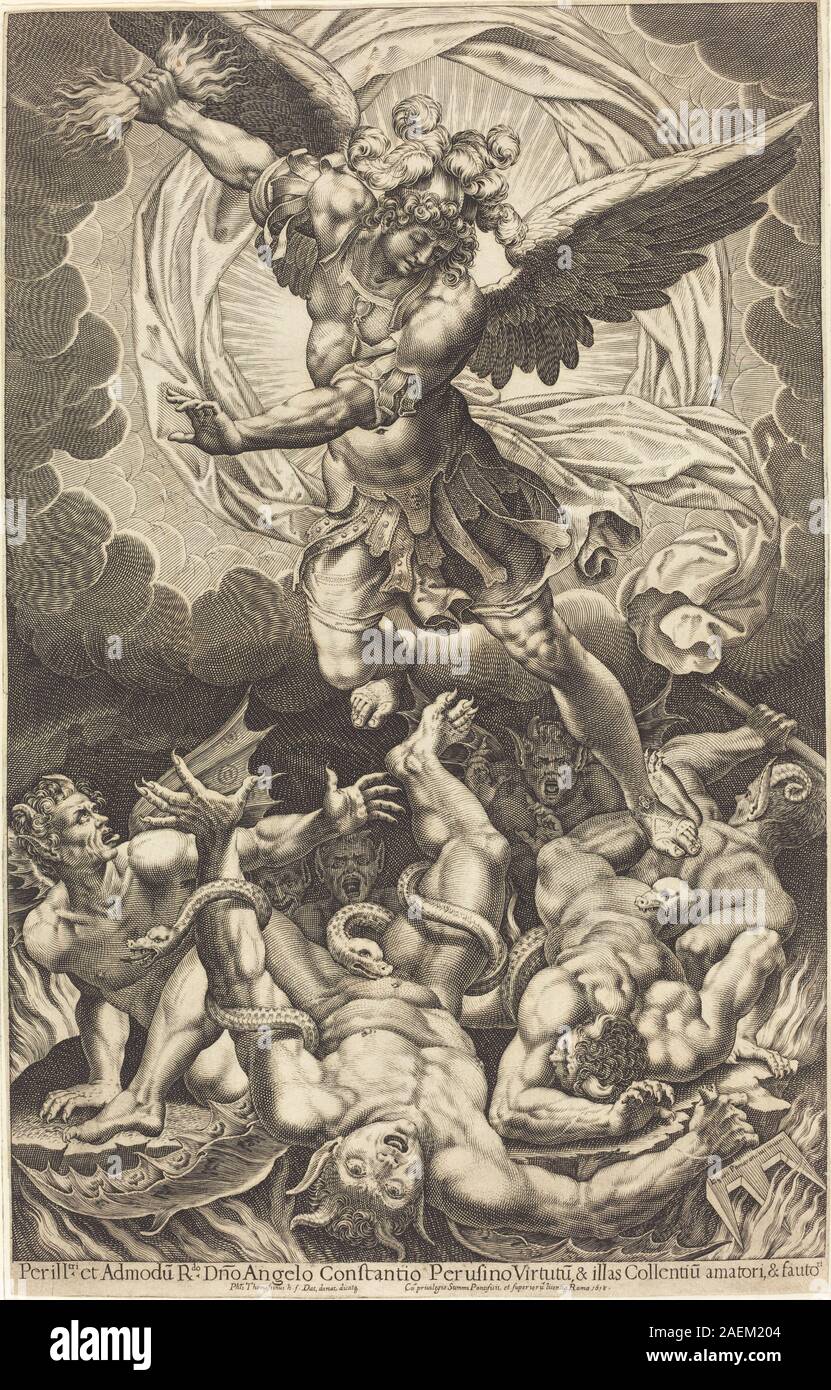 Incisione "la caduta degli Angeli ribelli" di Philippe Thomassin, 1618, raffigurante angeli caduti dal cielo con figure dinamiche, ali, gesti espressivi e composizione drammatica. Foto Stock