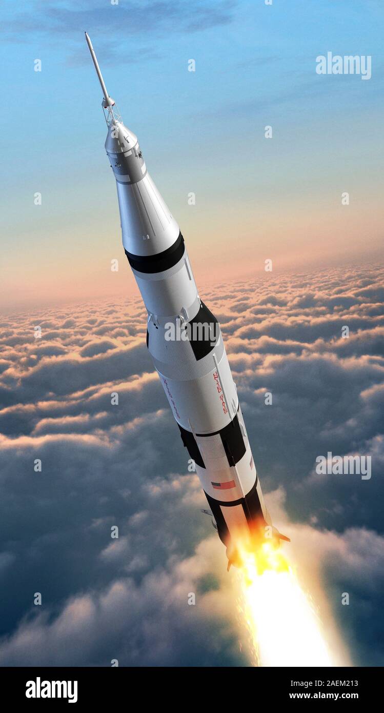 Saturn 5 rocket durante il lancio, illustrazione Foto Stock