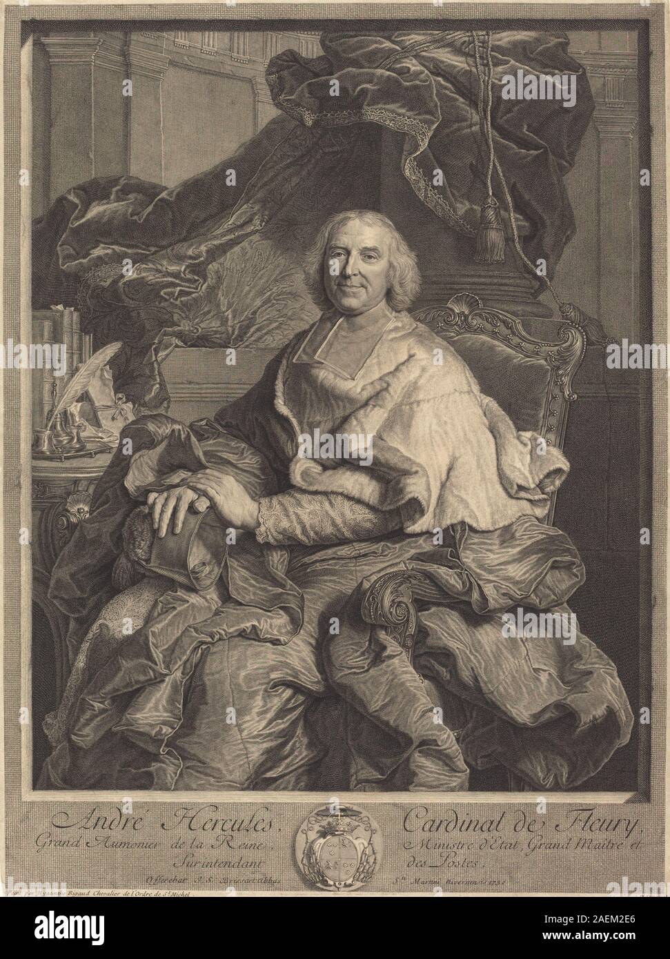 Incisione di Pierre Drevet dopo Hyacinthe Rigaud raffigurante André Hercules, Cardinal de Fleury (1730), che mostra espressione facciale, vesti formali, insegne ecclesiastiche e stile ritrattistico francese all'inizio del XVIII secolo. Foto Stock