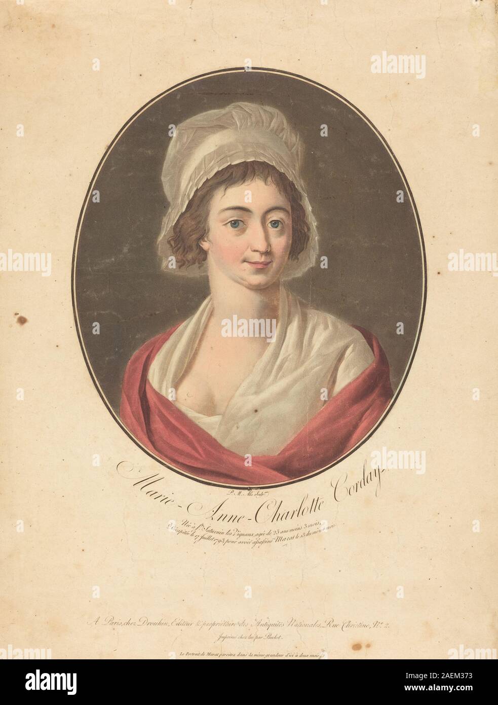 Incisione di Pierre-Michel Alix dopo Jean-Francois Garnerey raffigurante Charlotte Corday, mostrando le sue caratteristiche facciali, i capelli, i vestiti e l'espressione in un contesto storico. Foto Stock