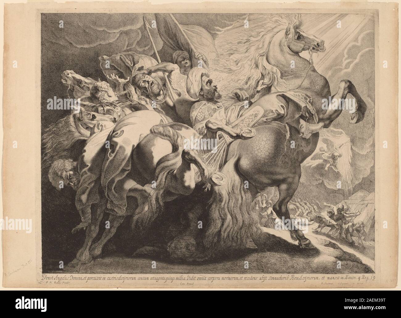 Incisione di Pieter Claesz Soutman su Peter Paul Rubens, raffigurante la scena biblica "la sconfitta di Sennacherib" con figure, azione di battaglia e abiti storici. Foto Stock