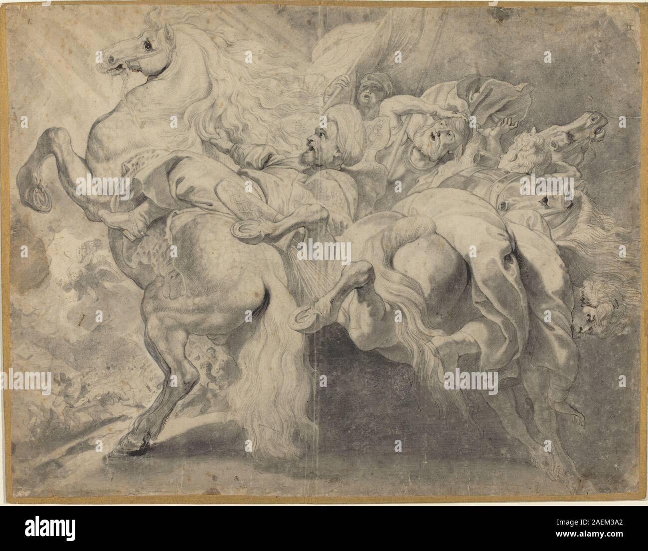 Questo dipinto di Pieter Claesz Soutman e Sir Peter Paul Rubens, 1618-1620, raffigura la scena biblica della sconfitta di Sennacherib, con soldati, carri, cavalli e composizioni drammatiche in stile barocco fiammingo all'inizio del XVII secolo. Foto Stock