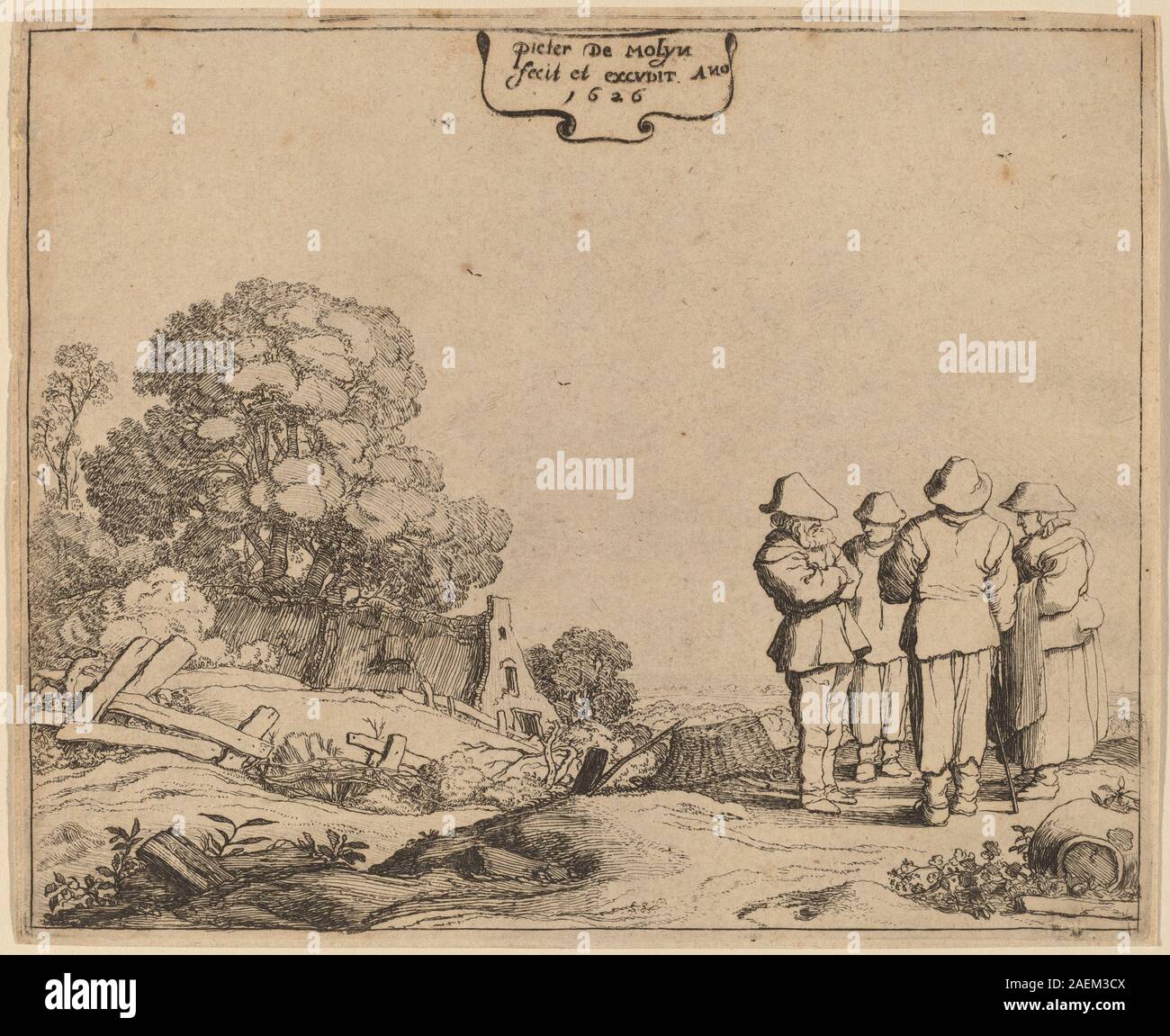 Dipinto di Pieter Molijn, 1626, intitolato tre contadini e una donna. Raffigura tre contadini maschi e una donna, paesaggio rurale, cottage, alberi, vestiti, gesti, stile del secolo d'oro olandese. Foto Stock