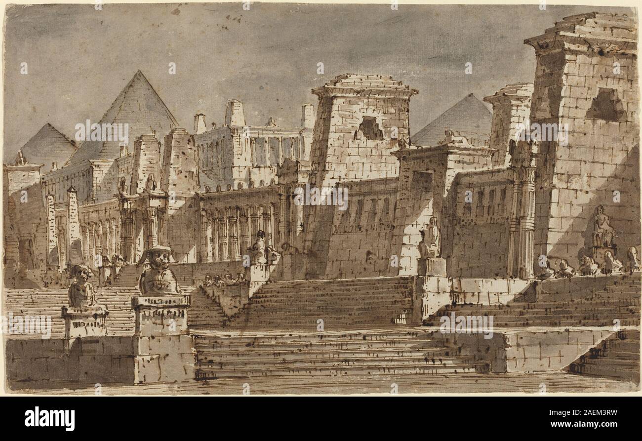 Scenografia di Pietro Gonzaga, 1815 circa, intitolata An Egyptian Stage Design. Presenta paesaggi dipinti con motivi egiziani, colonne, obelischi, prospettiva teatrale, composizione scenica, uso di illuminazione e colori, stagecraft dei primi anni del xix secolo. Foto Stock