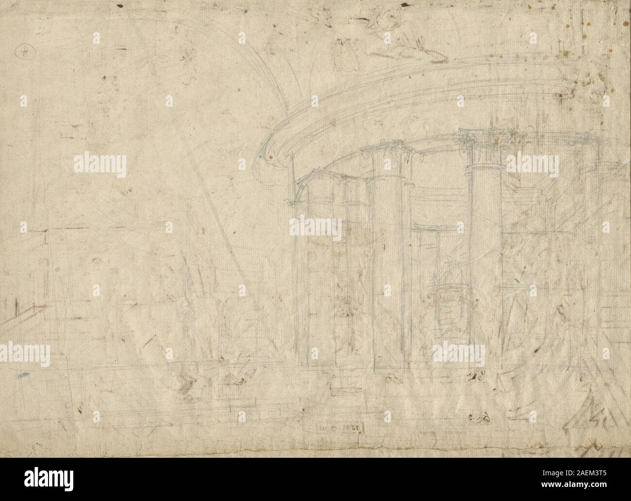 Disegno di Pietro Gonzaga, c. 1792, raffigurante un tempio rotondo circondato da un ambulatorio, che mostra dettagli architettonici, prospettiva, motivi decorativi e design fantasioso. Foto Stock
