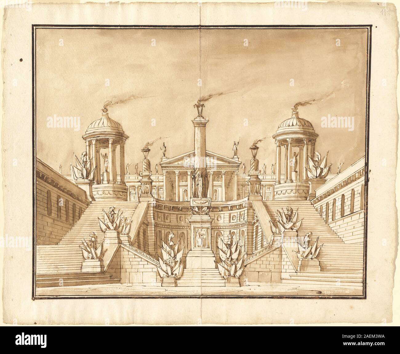 La fantasia di un antico Campidoglio con trofei e grandi scalinate, intorno al 1800 di Pietro Gonzaga raffigura un interno fantasioso con scalinate monumentali, trofei scultorei, archi architettonici e colonne decorative, che illustrano il design scenografico dei primi anni del XIX secolo. Foto Stock