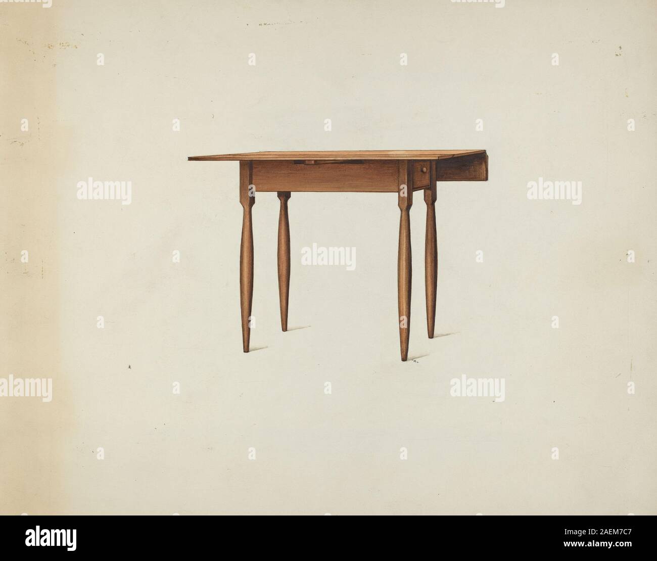 Un tavolo in stile Shaker del 1936 di Ray Holden, che mostra la costruzione in legno, la parte superiore rettangolare, le gambe girate e il design minimalista funzionale tipico dei mobili Shaker. Foto Stock