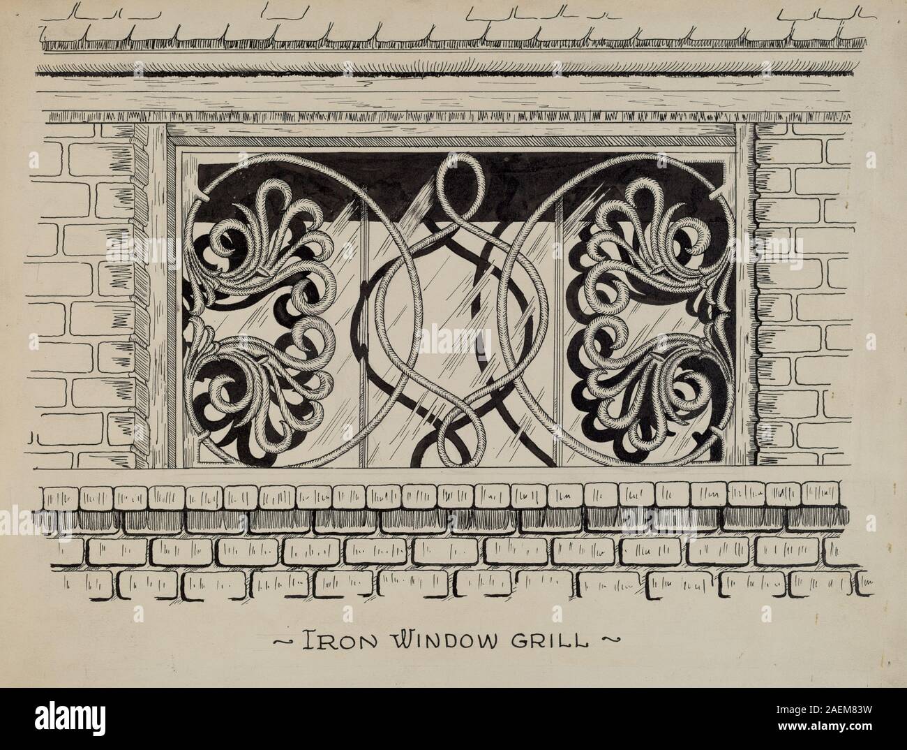 Ferro da stiro disegnato da Ray Price circa 1936 per una finestra attico. Il pezzo è caratterizzato da metallo battuto, motivi decorativi, design strutturale e supporto funzionale tipico della lavorazione dei metalli architettonici dei primi anni del XX secolo. Foto Stock