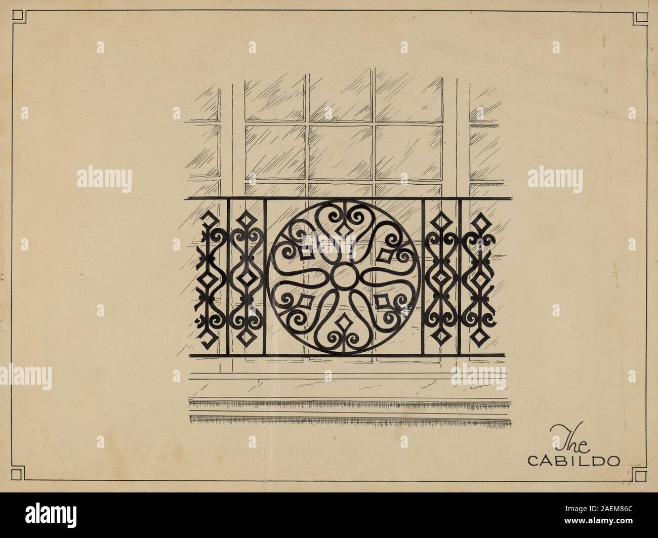 Questa griglia a finestra di Ray Price, creata tra il 1935 e il 1942, presenta una costruzione in metallo, motivi geometrici e un design decorativo tipico dell'architettura domestica dei primi anni del XX secolo. Foto Stock