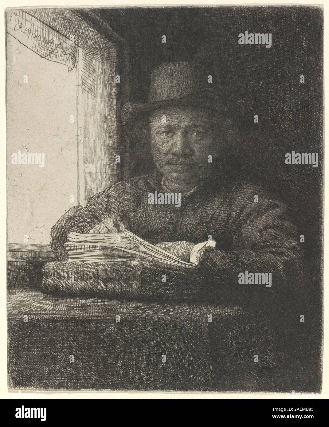 Disegno di Rembrandt van Rijn, 1648 anni, raffigurante se stesso a una finestra, con caratteristiche facciali, mani, vestiti, postura, luce, ombra, cornice della finestra e autoritratto olandese della metà del XVII secolo. Foto Stock