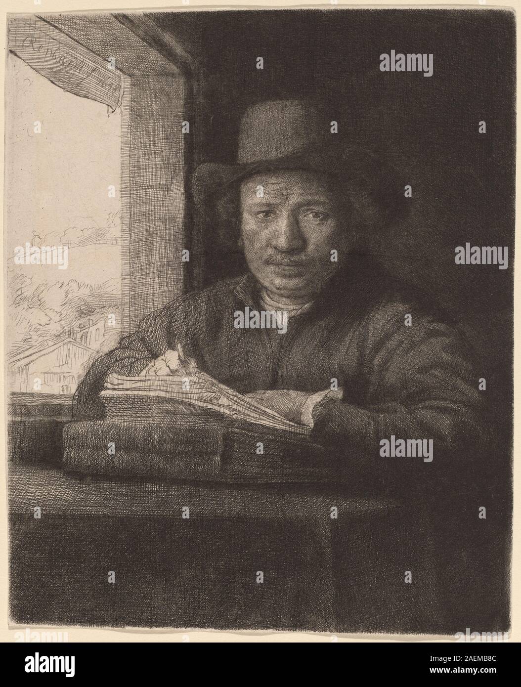 Autoritratto di Rembrandt van Rijn, 1648, raffigurante l'artista a una finestra, mostrando volto, mani, abbigliamento, espressione, postura e tecnica di disegno olandese del XVII secolo. Foto Stock