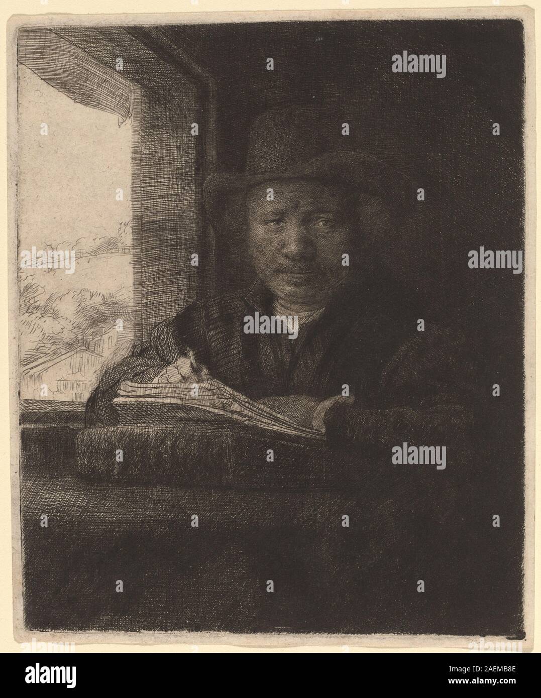 Un autoritratto del 1648 di Rembrandt van Rijn a una finestra, che mostra le caratteristiche del viso, le mani, l'abbigliamento, gli interni, effetti di luce e tecnica di disegno caratteristica del secolo d'oro olandese. Foto Stock