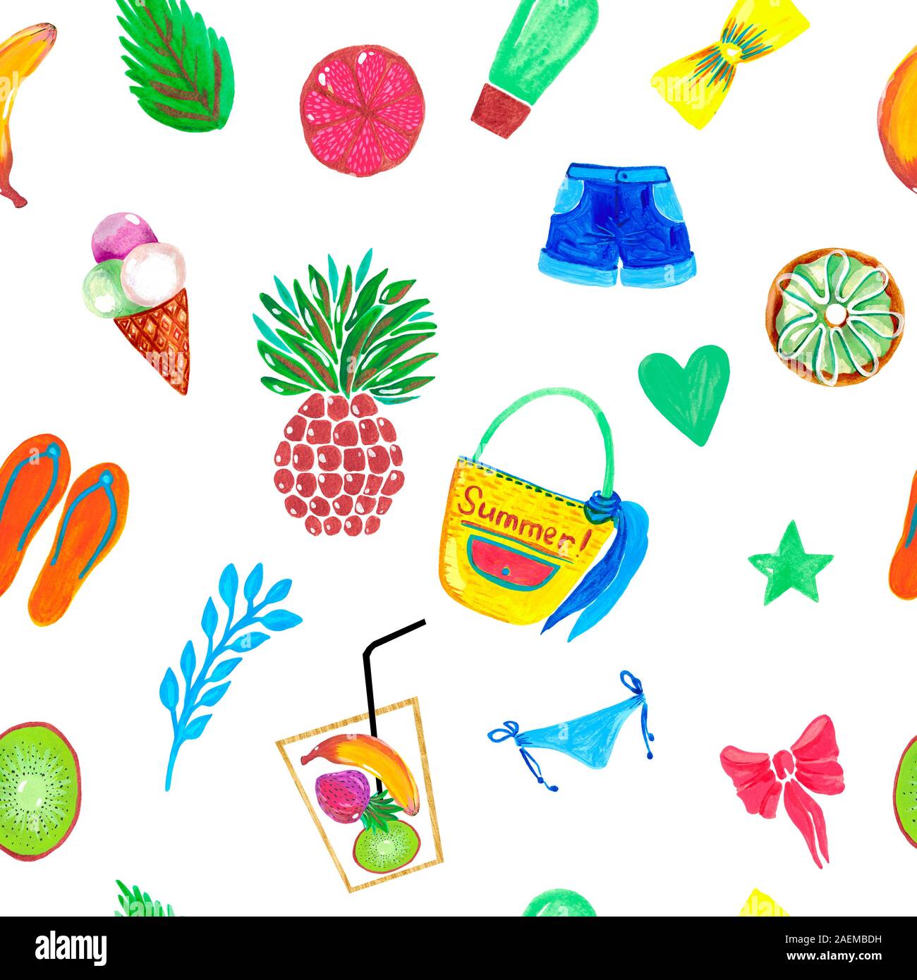 Illustrazione ad acquerello seamless pattern impostato di estate articoli da viaggio. Abbigliamento alimentari di frutta bianca su sfondo isolato Foto Stock