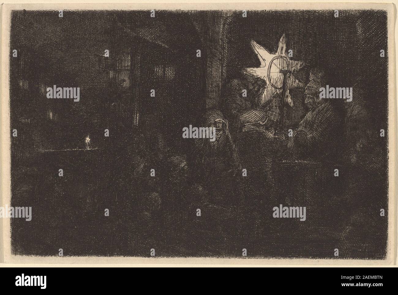 Il dipinto di Rembrandt van Rijn del 1651 circa raffigura la Stella dei Re in una scena notturna, enfatizzando elementi celesti, figure, paesaggio, illuminazione, e composizione. Foto Stock