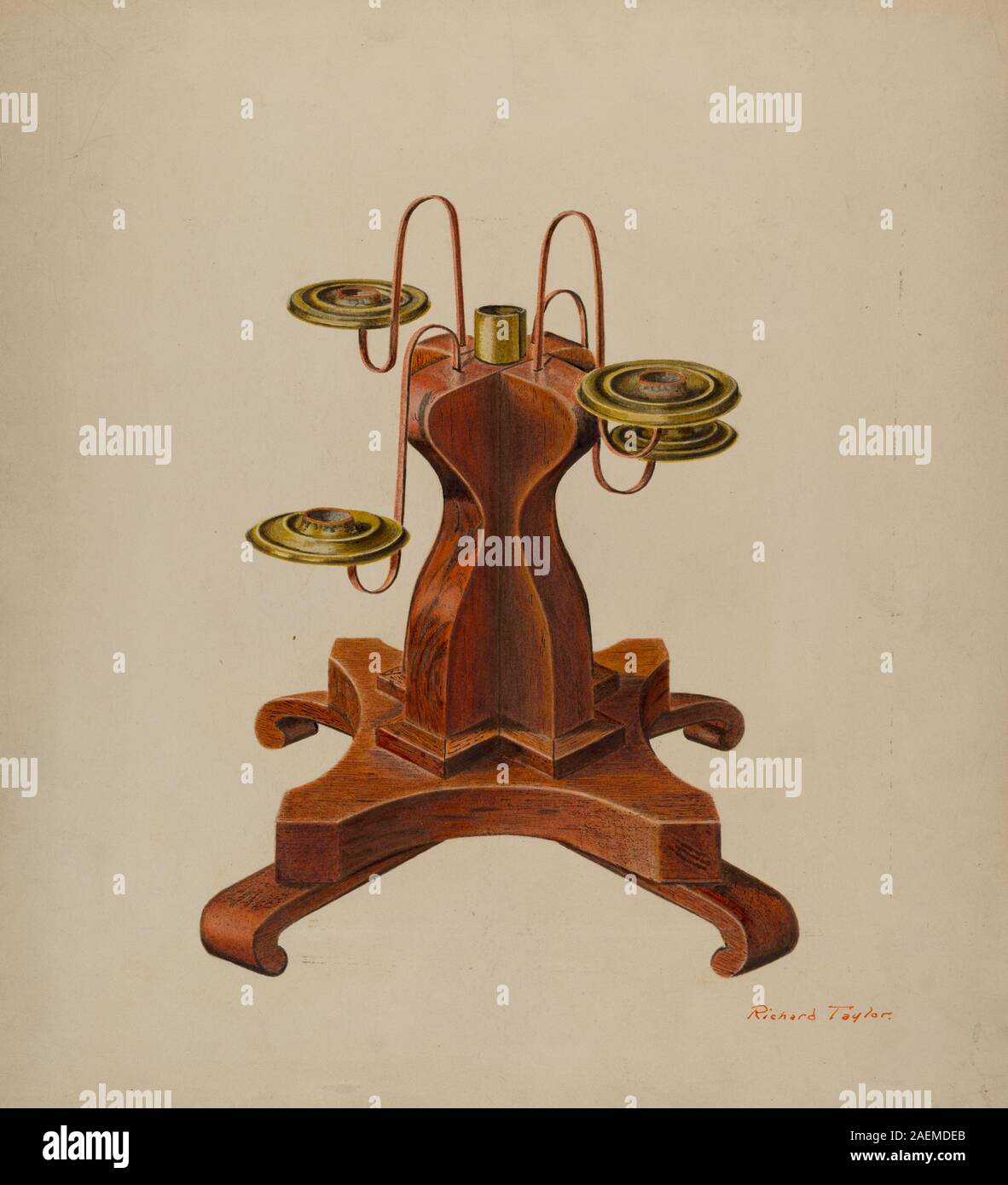 Candelabra, c. 1940, progettato da Richard Taylor, un portacandele decorativo multiramificato in metallo, con stelo centrale, braccia ornate, funzionale per contenere più candele, artigianato dei primi del XX secolo, utilizzato per l'illuminazione e la decorazione. Foto Stock