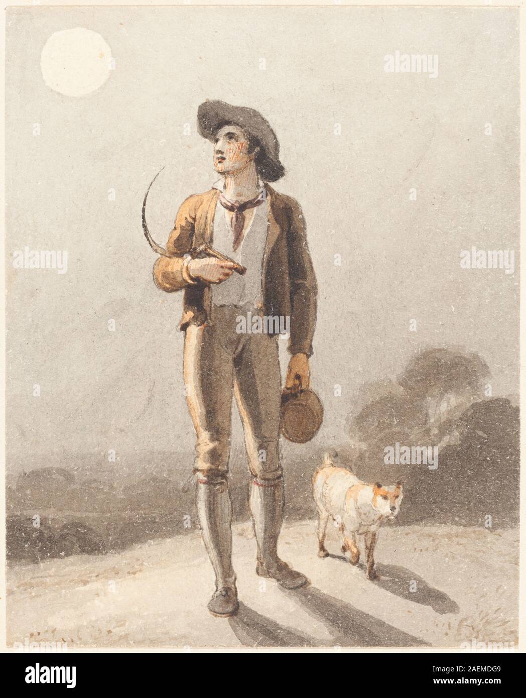 Dipinto di Richard Westall raffigurante il Mietitore, noto anche come la Luna del raccolto. Mostra figura, falce, campo, raccolti, luna, cielo notturno, orizzonte, postura, abbigliamento e composizione paesaggistica dei primi anni del xix secolo. Foto Stock