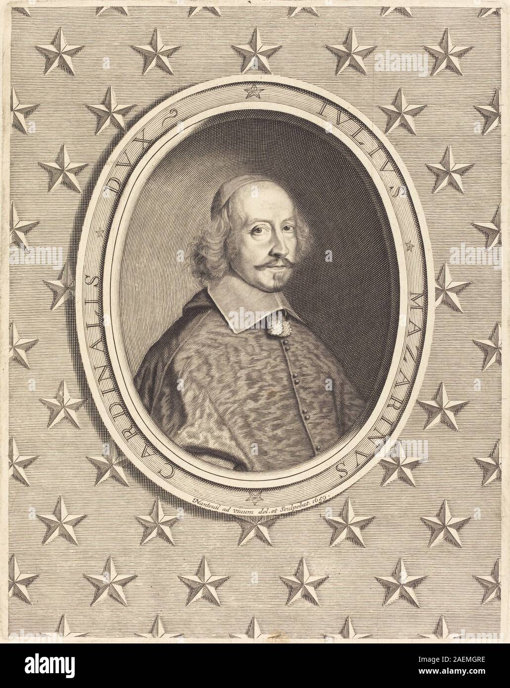 Incisione del cardinale Jules Mazarin di Robert Nanteuil, 1659, raffigurante il cardinale francese con abbigliamento formale, tratti facciali e tecniche di ritrattistica del XVII secolo. Foto Stock