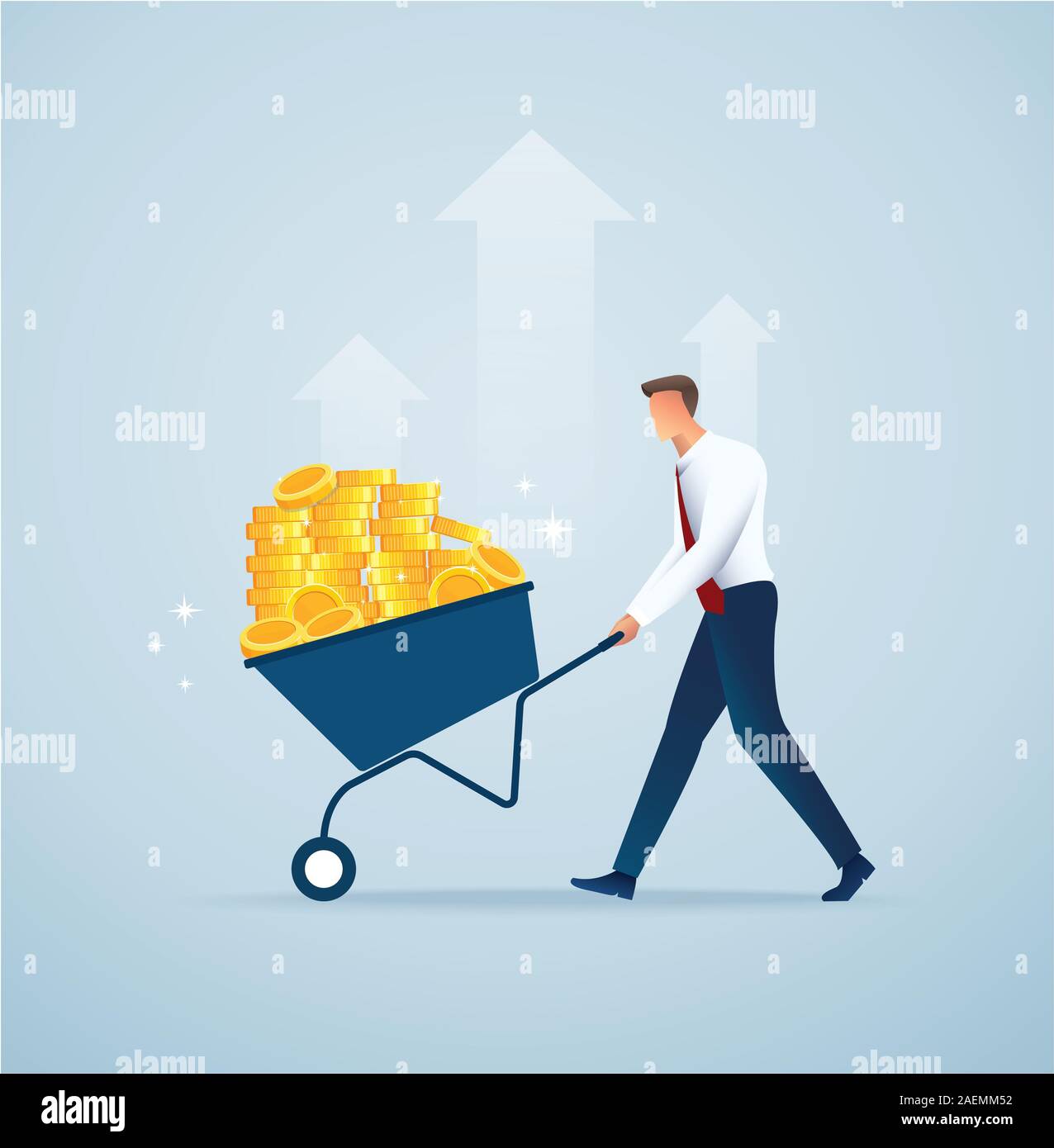 Imprenditore spingere il carrello pieno di monete d'oro Foto Stock