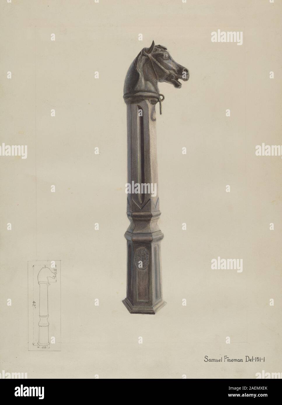 Un palo di attacco in ferro realizzato da Samuel Fineman intorno al 1937, caratterizzato da una costruzione in metallo, un design funzionale per fissare i cavalli ed elementi decorativi tipici degli impianti all'aperto dei primi anni del XX secolo. Foto Stock