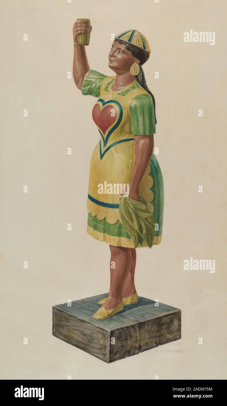 Questa figura indiana del negozio di sigari, creata da Samuel Philpot intorno al 1941, è una statua in legno scolpita tradizionalmente utilizzata per pubblicizzare tabacchi, che rappresenta un uomo nativo americano che tiene un fascio di sigari. Foto Stock