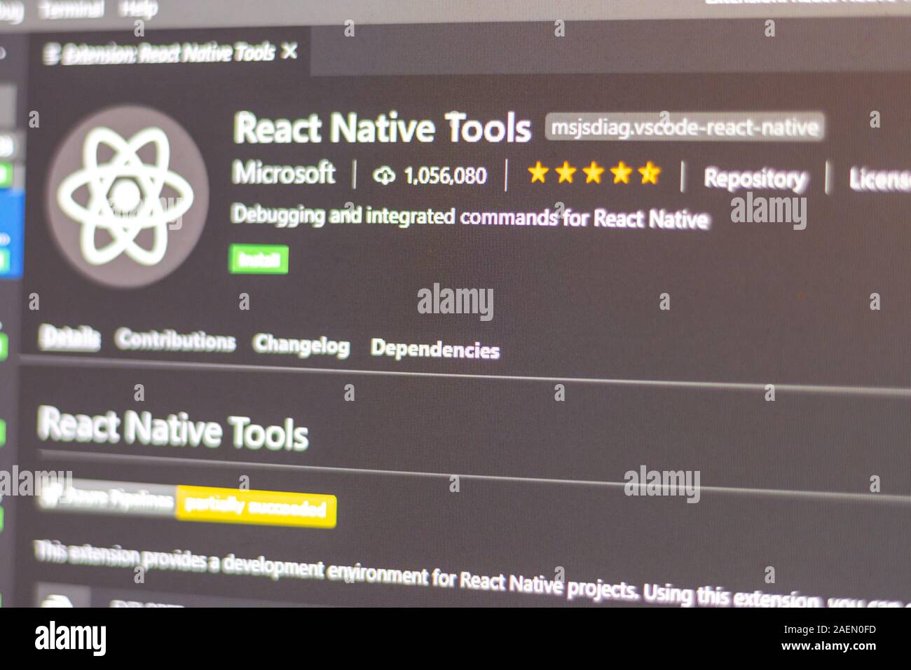 Reagire gli strumenti nativi per estensione di codice di Visual Studio. Consente il debug e comandi integrati per reagire Native Foto Stock
