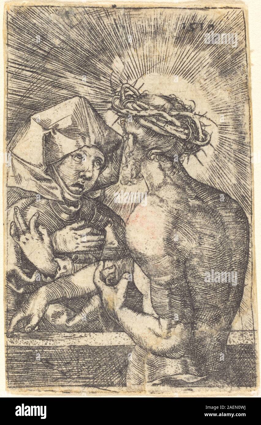 Cristo incoronato con spine che parla con sua madre da Sebald Beham, 1519, raffigurante Gesù che indossa la corona di spine e conversava con Maria, illustrando l'incisione religiosa tedesca del XVI secolo e la composizione narrativa. Foto Stock