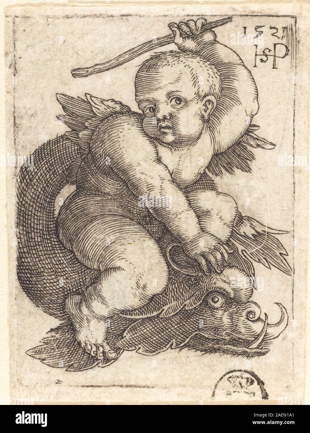 Questa opera d'arte del 1521 di Sebald Beham raffigura una figura geniale che cavalca un delfino sulla destra, mostrando tecniche di incisione rinascimentali con figure dettagliate ed elementi marini. Foto Stock