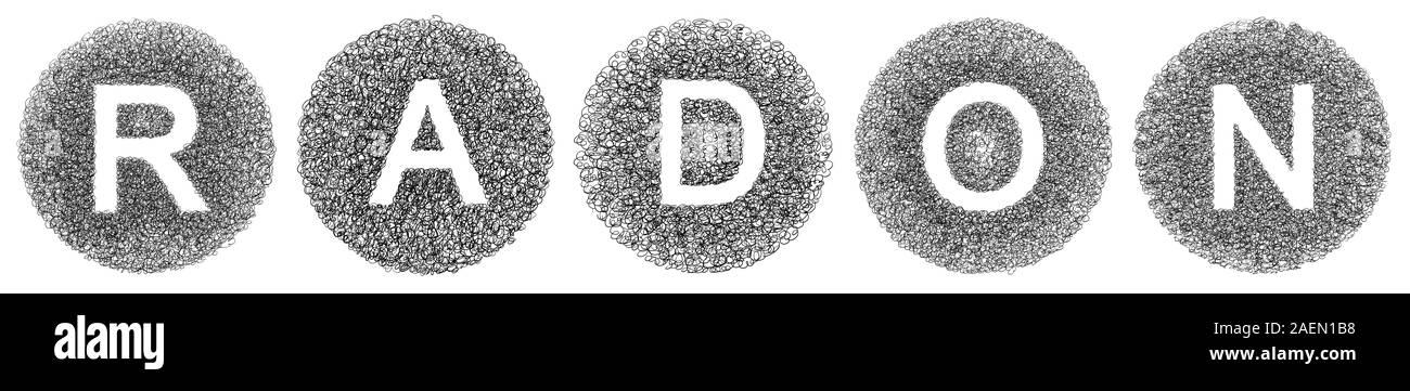 Il gas radon il testo scritto a mano con simbolo ortografica infografico - Concetto di immagine. Foto Stock