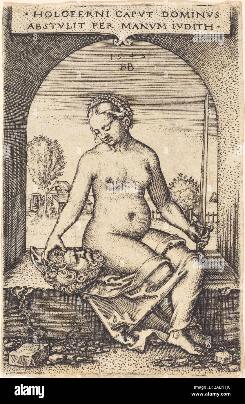 L'impronta di Sebald Beham, 1547, ritrae Judith seduta in una finestra, mostrando figura, espressione facciale, tendaggi, postura, architettura e stile incisivo tedesco dell'inizio del XVI secolo. Foto Stock