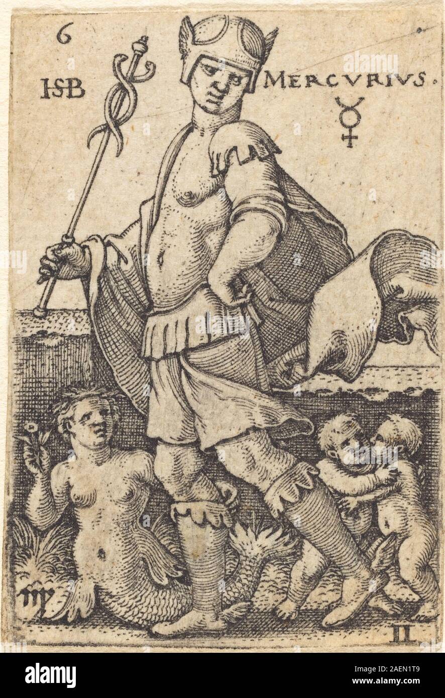 Un'incisione o un'opera d'arte di Sebald Beham raffigurante mercurio, il dio romano del commercio e della comunicazione, identificabile dal suo casco alato e dal caduceo, che riflette l'iconografia dell'era rinascimentale. Foto Stock