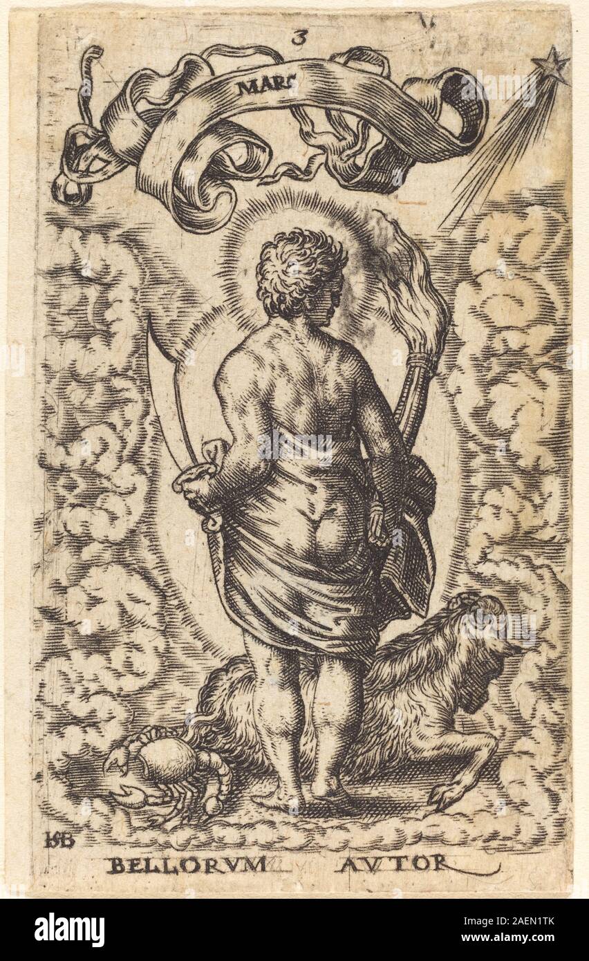 Questa stampa di Sebald Beham raffigura Marte, il dio romano della guerra, mostrando armature, armi e attributi simbolici tipici dell'incisione allegorica tedesca del XVI secolo. Foto Stock