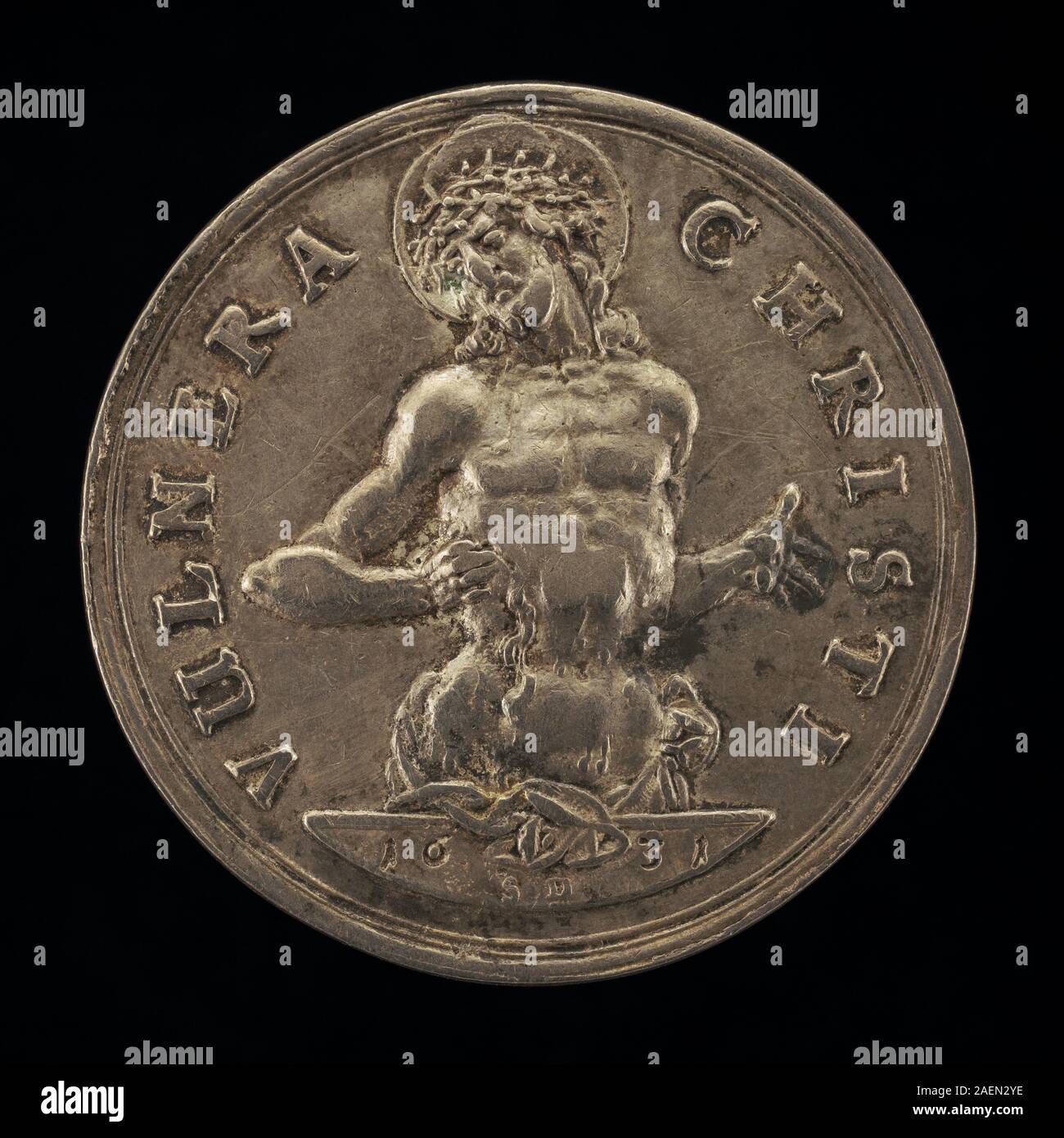 Un'incisione del 1631 di Sebastian Dadler intitolata "l'uomo addolorato", visione inversa, raffigurante la sofferenza di Cristo con tratti facciali espressivi ed elementi simbolici della passione. Foto Stock