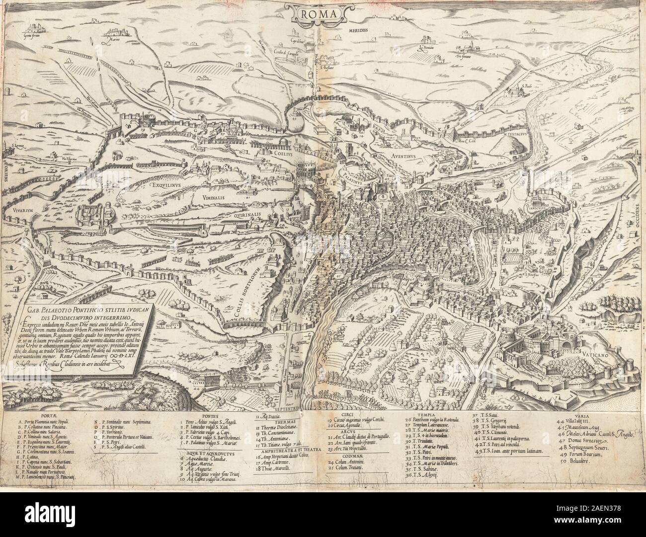 Questa mappa topografica del 1561 di Roma, creata da Sebastiano di Re dopo Giovanni Antonio Dosio, illustra strade, edifici e monumenti storici, che rappresentano il layout urbano e l'architettura della Roma rinascimentale. Foto Stock