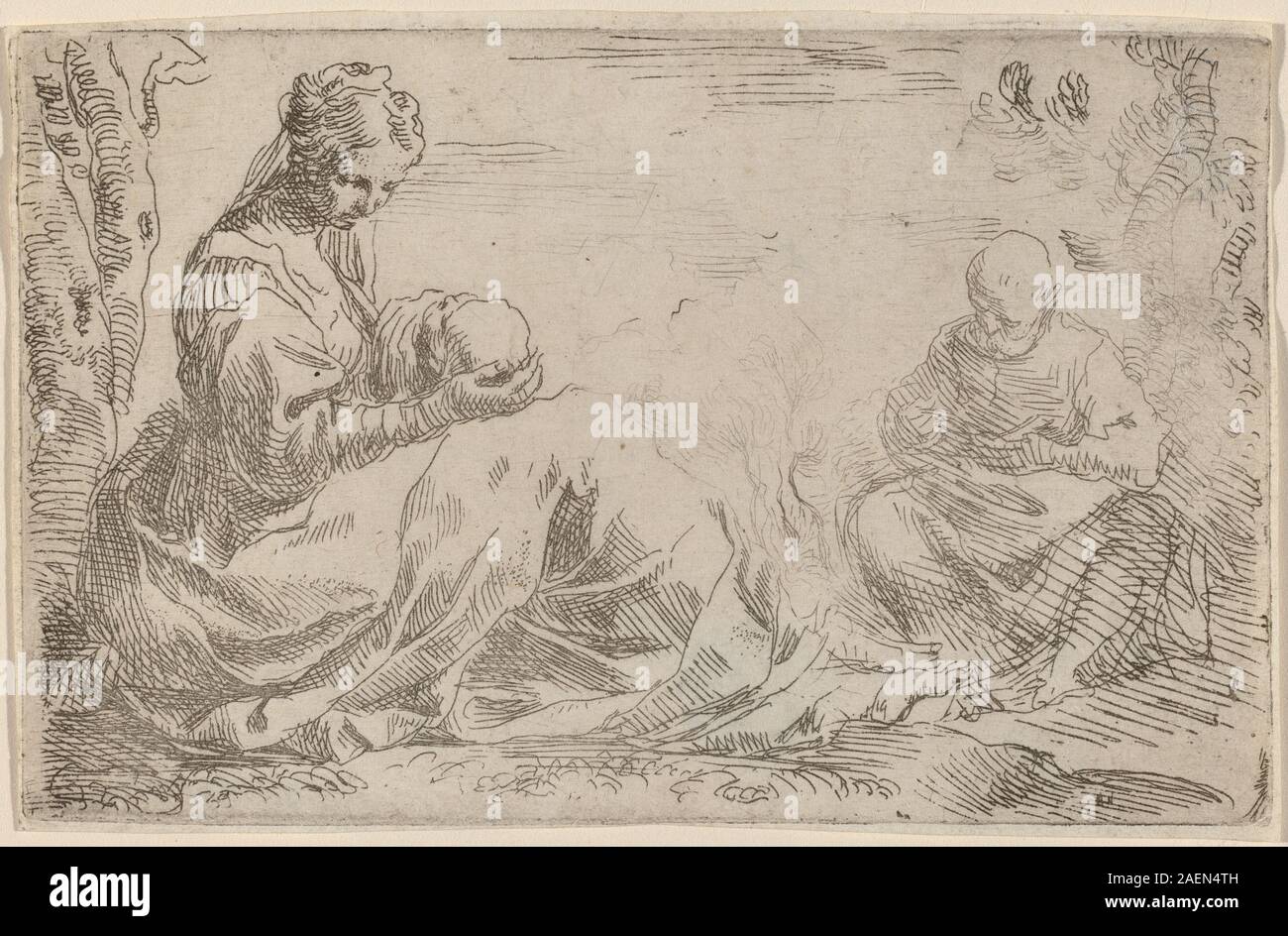 Questo dipinto di Simone Cantarini raffigura la Sacra famiglia che riposa durante la fuga in Egitto, mostrando Maria, Giuseppe, Gesù, paesaggio, alberi, rocce, tendaggi e stile di pittura barocco italiano del XVII secolo. Foto Stock