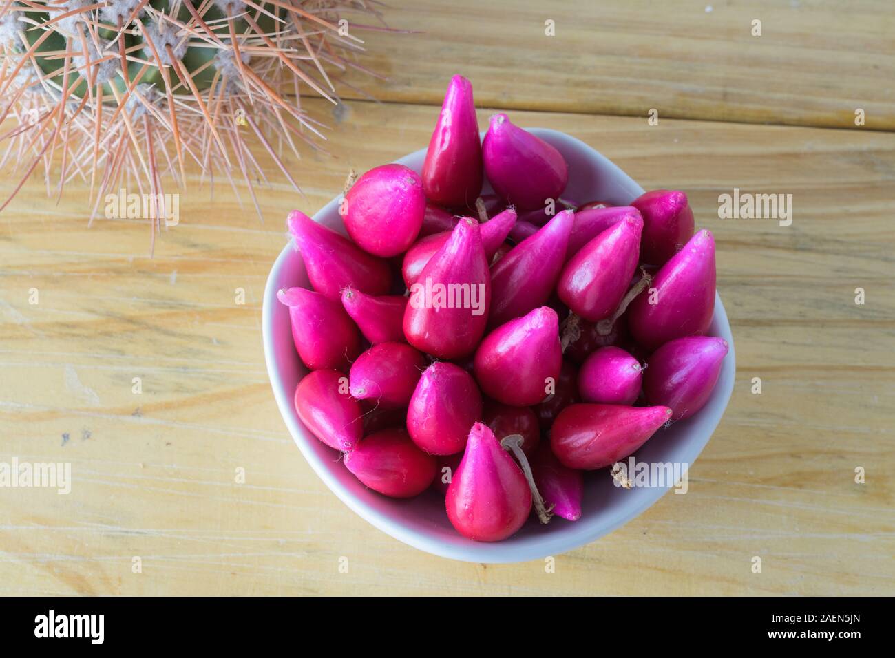 Gruppo di frutta di Pitiguey in ciotola bianca su tavola di legno con Cactus. Dall'alto verso il basso Foto Stock