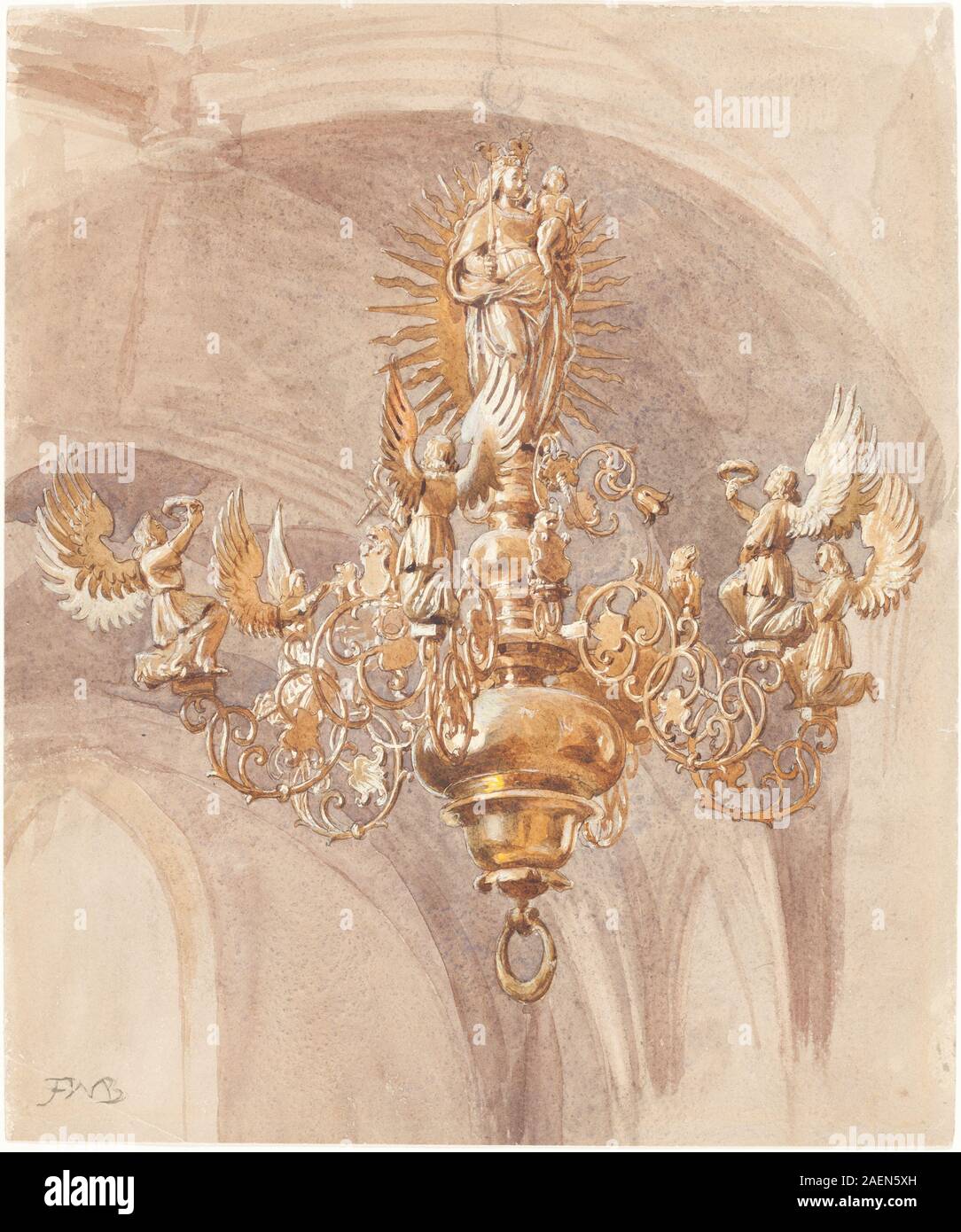 Dipinto di Sir Frederic William Burton che raffigura un lampadario raffigurante la Vergine Maria che tiene il bambino Cristo, mostrando figure umane, gesti, tendaggi e iconografia religiosa. Foto Stock