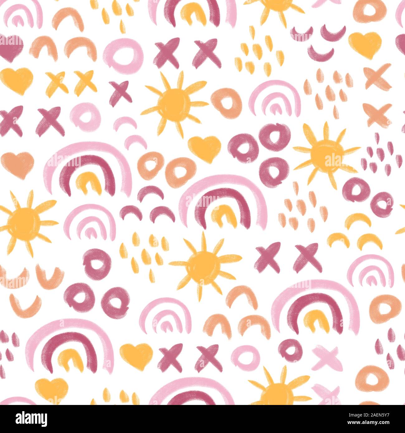 Perfetta per bambini astratto dipinto di sun e rainbow pattern. Doodle background i bambini. Disegnata a mano ripetendo semplice e geometrica disegno astratto per bambini Foto Stock