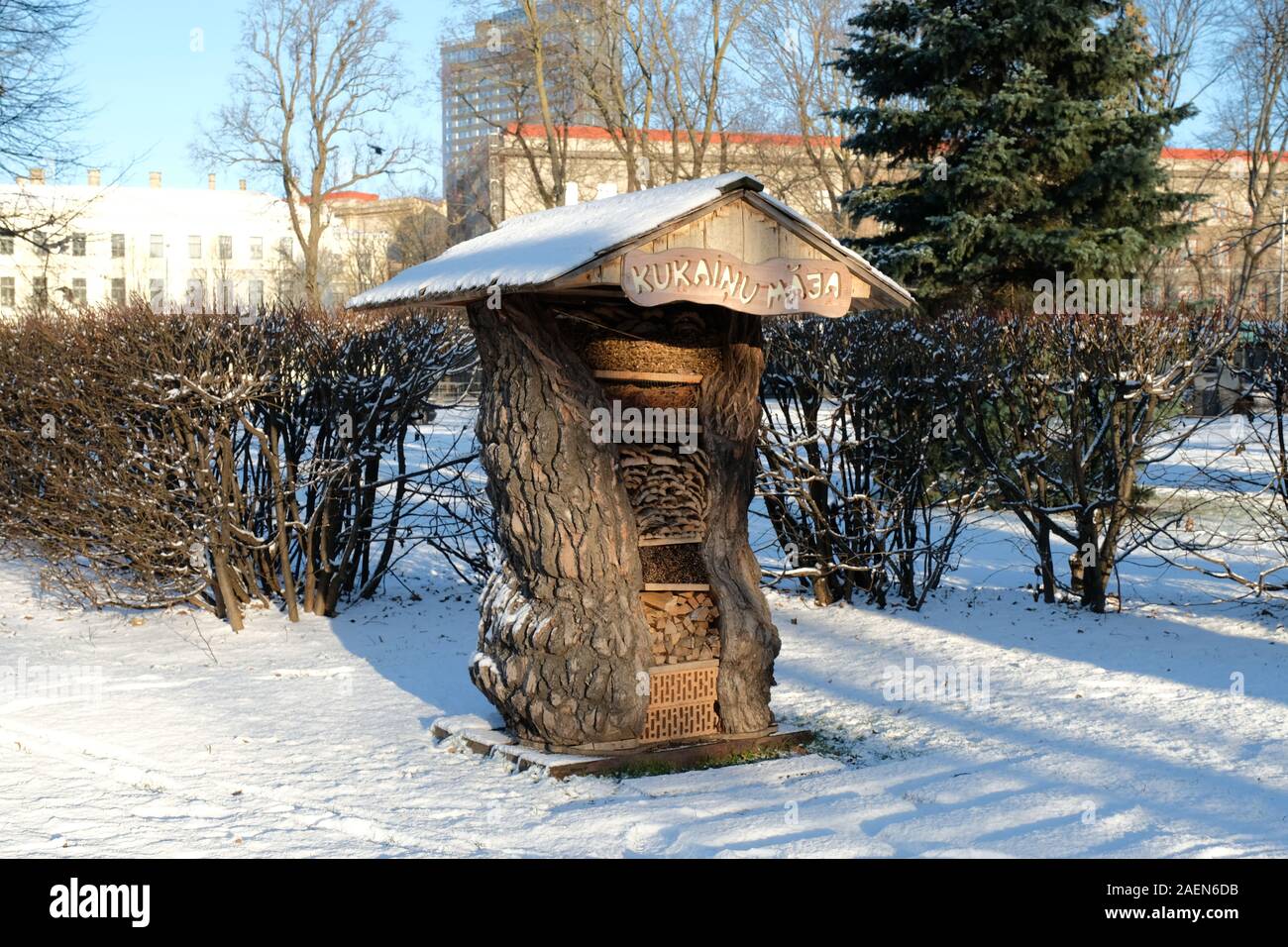 Hotel di insetto o casa in Cold Winter Park a Riga, Lettonia. Segno di traduzione da lettone insetto 'hotel' Foto Stock