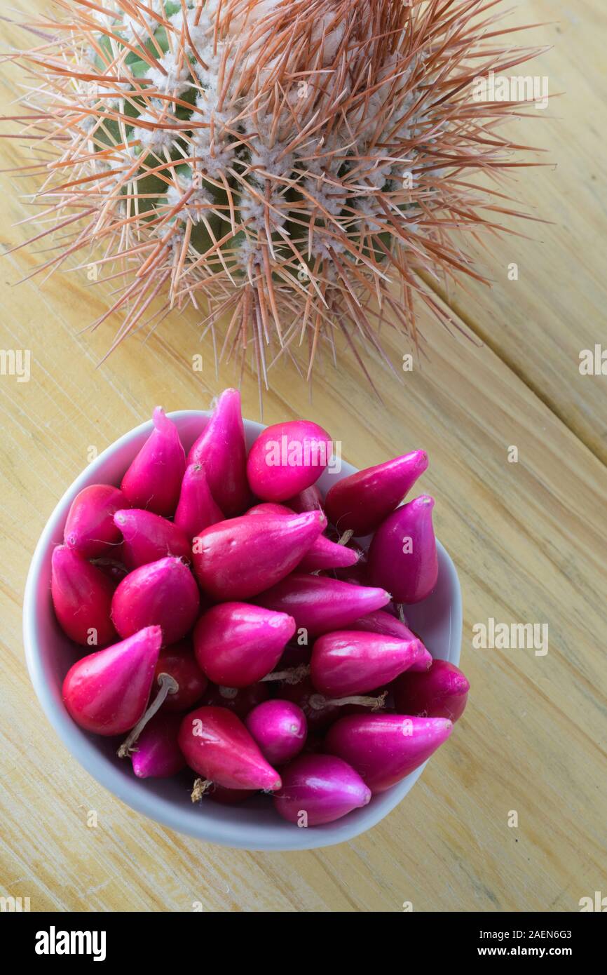 Gruppo di frutta di Pitiguey in ciotola bianca su tavola di legno con Cactus. Verticale Foto Stock