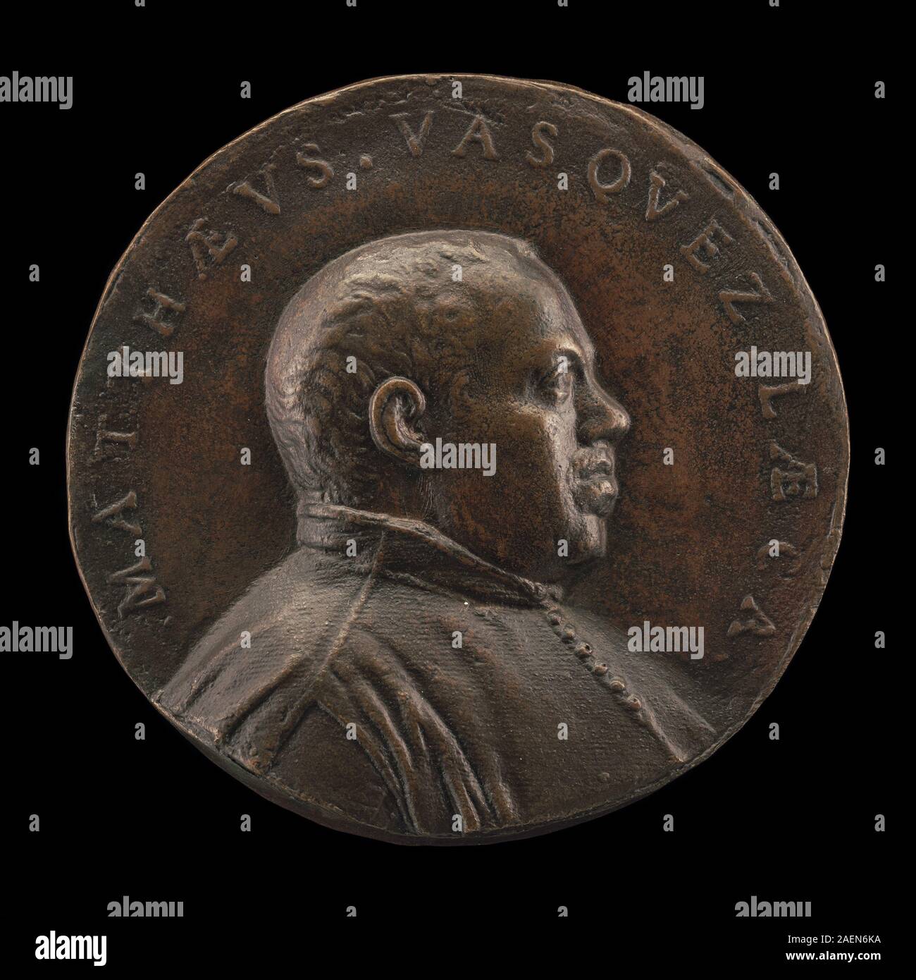 Questa medaglia del XVI secolo spagnolo raffigura Mateo Vásquez, segretario del re Filippo II dal 1573, che mostra busto, caratteristiche facciali, iscrizioni e stile medagliato risalente al 1573 circa. Foto Stock